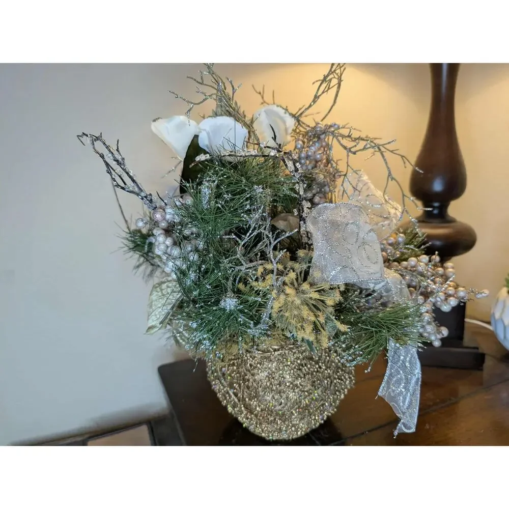 Christmas Fall Floral Arrangement Dining Home Centerpiece Gold Beaded Silver
